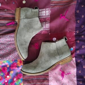 Taupe suede ankle boots with a chunky heel